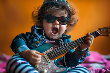 Sticker - Baby rockstar musician with guitar