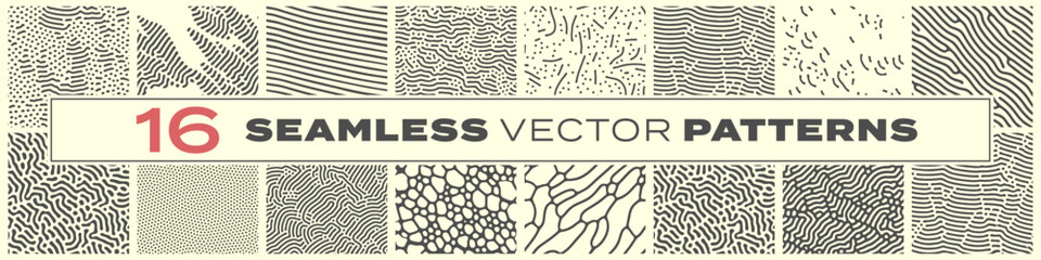 Poster - Abstract lines seamless patterns, vector modern trnedy backgrounds set. Organic patterns with color memphis dots and irregular doodle lines, squiggle texture creative design