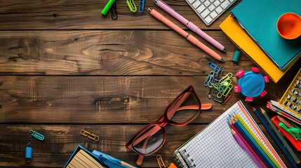 School supplies on a wooden table with space for text, top view. AI generated illustration