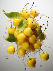 Wall Mural - cherry berries float in the air. ripe harvest, splashes of water. levitation.
