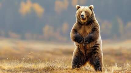 photograph of a majestic grizzly bear standing on its hind legs, its fur ruffled by the wind, survey