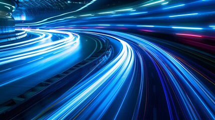 Wall Mural - Capture dynamic light trails in vivid blues against a dark background, embodying futuristic speed and technology. A striking composition for a banner or poster, 