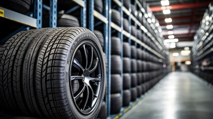 Car tires in a warehouse, close-up. Auto service industry