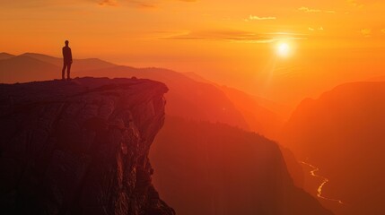 Canvas Print - A man stands on a cliff overlooking a valley with a sunset in the background