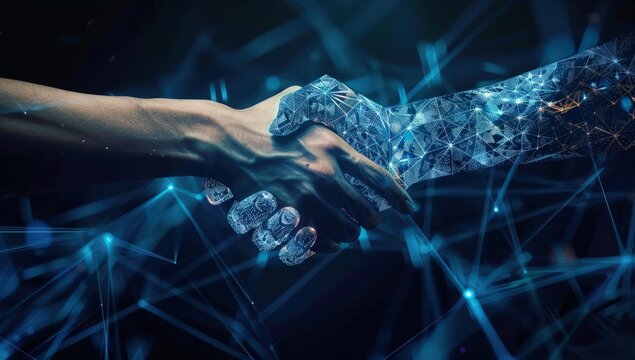 A hand is shaking another hand in a futuristic setting. Generate AI image