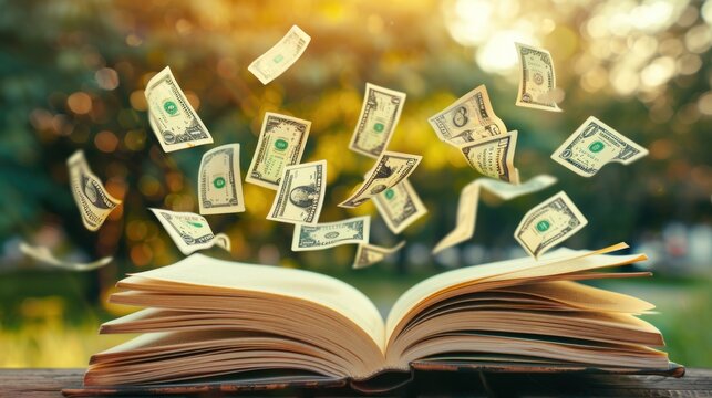 Open book with many cash money icons on wooden deck blur background. Generated AI