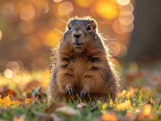 A curious groundhog stands on hind legs amidst the vibrant autumn foliage, with soft sunlight illuminating the colorful leaves in the background