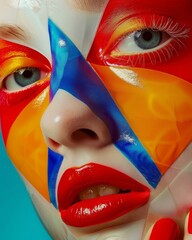 Wall Mural - A woman with a colorful face paint has a blue and red stripe on her nose