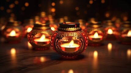A beautiful lit candle in a red glass holder. The candle is surrounded by a dark background with a bokeh effect.