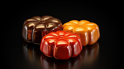 3D rendering of a group of glossy flower-shaped candies in orange, red, and brown on a black background.