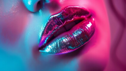 Beautiful woman lips closeup, pink and blue neon light background. Beauty fashion portrait of a young female model with glossy red lipstick, copy space for advertising banner or beauty salon ad