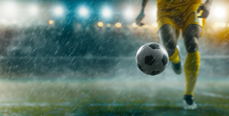 Poster of a moment in the game, a football player hits the ball, it rains during the match, space for a concept about the game