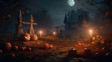Wall Mural - A spooky, atmospheric night scene of a haunted house and graveyard.