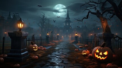 Wall Mural - A long and winding road leads up to a spooky mansion. The path is lined with jack-o'-lanterns, and the trees are bare and twisted.