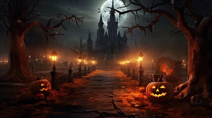 Wall Mural - A long and winding path leads to a spooky castle on a hill. The path is lined with jack-o'-lanterns and the trees are bare and twisted.