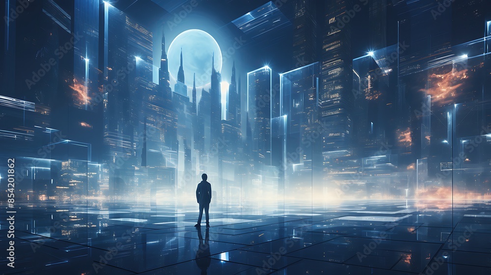 The image is a digital painting of a man standing in a futuristic city ...