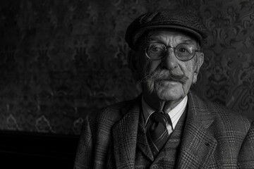 A black and white portrait of an older gentleman in a suit, with a mustache and glasses. He is looking directly at the camera