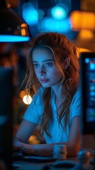 Young woman intensely focused on working at her computer in a dimly lit, modern workspace illuminated by vibrant blue and orange lights