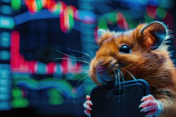 Wall Mural - A hamster sits in front of a glowing screen, holding a smartphone. The screen behind it shows a colorful, blurred image of stock market data