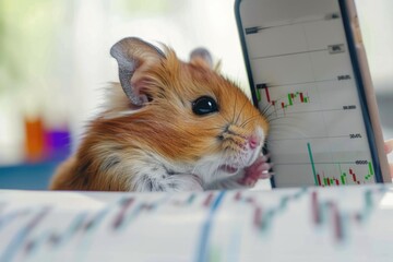 Wall Mural - A hamster looks intently at a smartphone displaying a stock market chart, while sitting on a table covered in financial data