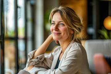 Sticker - Portrait of smiling businesswoman sitting in office