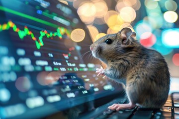 Wall Mural - A mouse sits in front of a computer screen displaying a stock market chart, its beady eyes focused on the fluctuating numbers