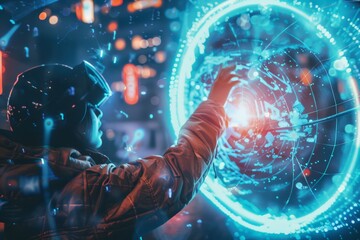 Poster - A person in a virtual reality environment interacts with an advanced, holographic interface displaying data