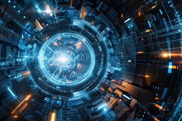 Aufkleber - High-tech circular cybernetic structure with intricate glowing elements in a sci-fi concept
