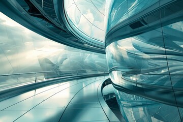 Aufkleber - A stunning interior view of a modern building featuring curved glass, reflections, and a futuristic design