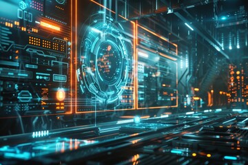 Leinwandbilder - An intricately designed futuristic corridor illuminated with neon lights and a central holographic interface