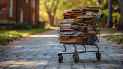 Wall Mural - Close-up shot of a shopping cart loaded with books, magazines, and stationery items, representing knowledge, creativity, and inspiration, Fujifilm X-T4