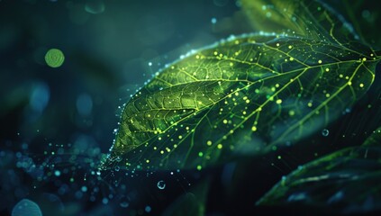 Wall Mural - A leaf with a green glow on it. Generate AI image