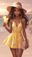 Wall Mural - A beautiful girl smiles in a summer dress by the sea with a cocktail in her hands. Illustration of a summer picture on a seaside holiday.	
