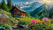 © Dudarte - Papel de parede de paisagem com cabana de madeira em meio às montanhas, com caminho cercado por grama, flores e plantas, destacando serenidade e beleza natural