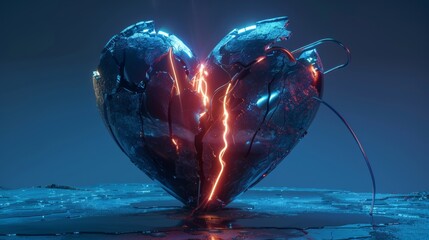 3D rendering of a metal heart with neon glow. Generating AI from data