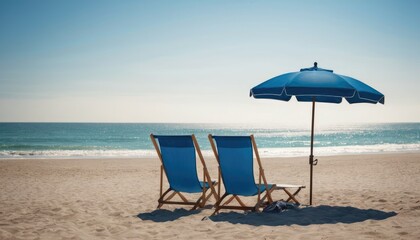 Serene seaside view featuring blue beach chairs and an umbrella, ideal for a sunny day at the shore