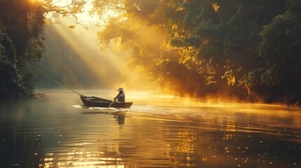Wall Mural - Fishing boat on river at sunset. Beautiful landscape with artificial intelligence.