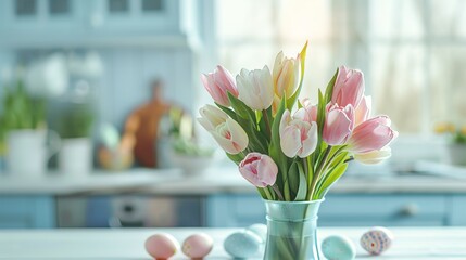 Poster - Tulip bouquet and easter eggs on the table. AI-generated imagery