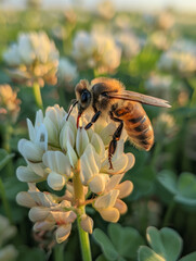 Wall Mural - A honeybee collecting nectar from a white clover flower.