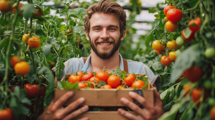 Farmer picking fresh tomatoes his hothouse. Attractive male working greenhouse. Agriculture harvest