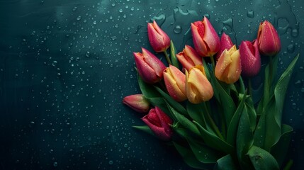 Wall Mural - A bouquet of red-orange tulips with raindrops on a dark blue background. A great idea for spring holidays. Stock.