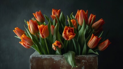 Wall Mural - The kraft paper bag contains a bouquet of red and orange tulips. An idea for spring holidays. Stock.