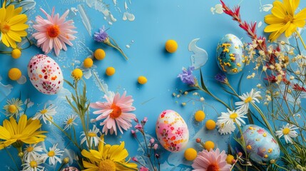 Poster - A picture of Easter eggs in the grass on a blue background. This is an AI generated picture.