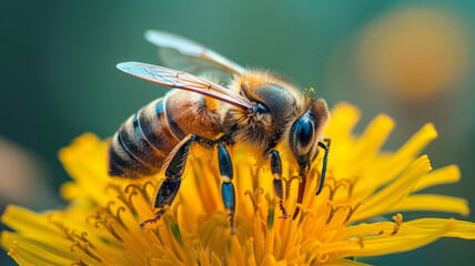 Wall Mural - Bee on a yellow dandelion flower in close-up view