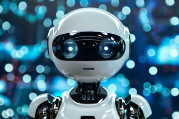 Aufkleber - A futuristic robot with a sleek white design and captivating glowing blue eyes, set against a bokeh light backdrop