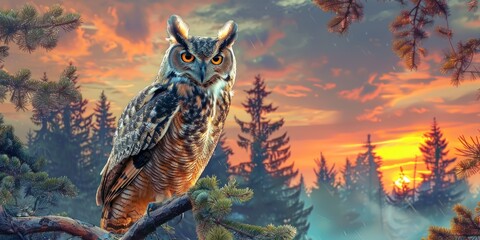 Wall Mural - A large owl is perched on a tree branch in a forest. Generate AI image