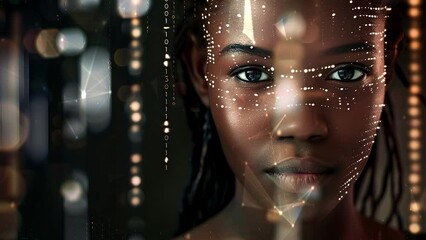 Wall Mural - Black woman cyber security expert. With AI code illusminated overlay around her. Working in a data center. Female Computer Engineer. Generate AI.