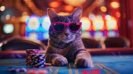 A cat gambling in sunglasses makes stacks in a casino. A new generation of artificial intelligence