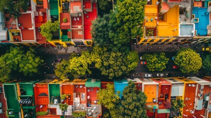 Aerial view of multicolored city houses with AI-generated roofs.