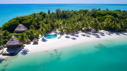 Aerial view of beautiful tropical beach with palm trees and sand.